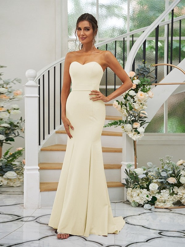 Trumpet/Mermaid Stretch Crepe Ruffles Strapless Sleeveless Sweep/Brush Train Bridesmaid Dresses Evening Dress