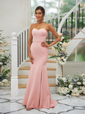 Trumpet/Mermaid Stretch Crepe Ruffles Strapless Sleeveless Sweep/Brush Train Bridesmaid Dresses Evening Dress