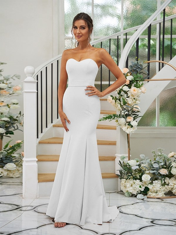Trumpet/Mermaid Stretch Crepe Ruffles Strapless Sleeveless Sweep/Brush Train Bridesmaid Dresses Evening Dress
