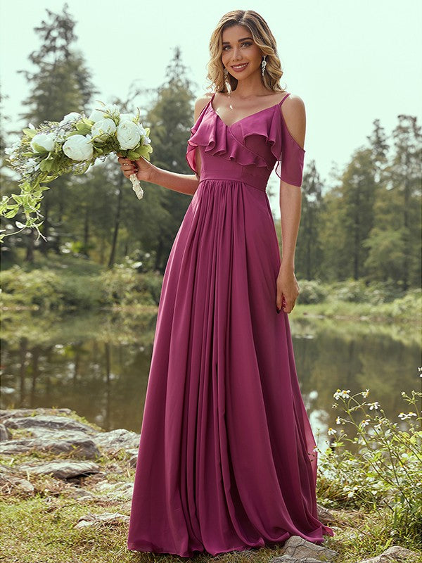 A-Line/Princess Chiffon Ruffles V-neck Sleeveless Floor-Length Bridesmaid Dresses Evening Prom Dress