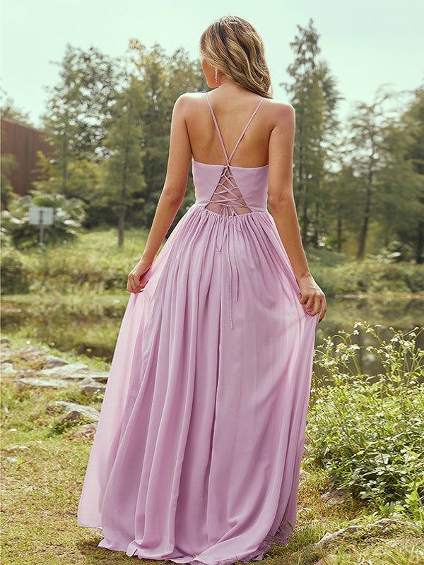 A-Line/Princess Chiffon Ruffles V-neck Sleeveless Floor-Length Bridesmaid Dresses Evening Prom Dress