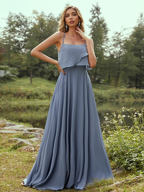 A-Line/Princess Chiffon Ruffles Spaghetti Straps Sleeveless Floor-Length Bridesmaid Dresses Evening Prom Dress