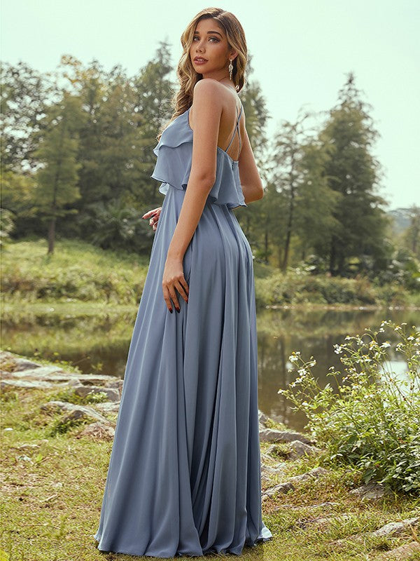 A-Line/Princess Chiffon Ruffles Spaghetti Straps Sleeveless Floor-Length Bridesmaid Dresses Evening Prom Dress