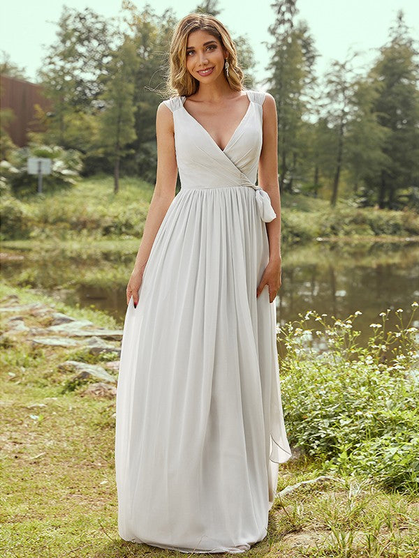 A-Line/Princess Chiffon Ruffles V-neck Sleeveless Floor-Length Bridesmaid Dresses Evening Prom Dress
