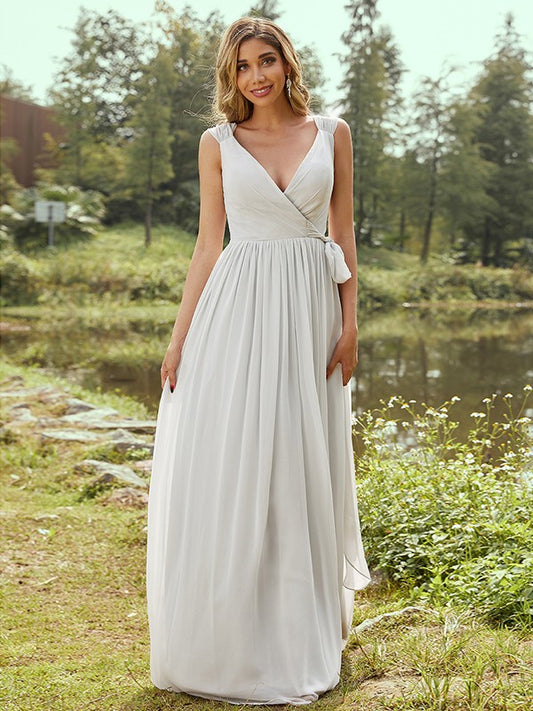A-Line/Princess Chiffon Ruffles V-neck Sleeveless Floor-Length Bridesmaid Dresses Evening Prom Dress