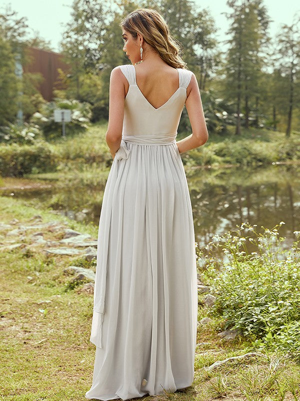 A-Line/Princess Chiffon Ruffles V-neck Sleeveless Floor-Length Bridesmaid Dresses Evening Prom Dress