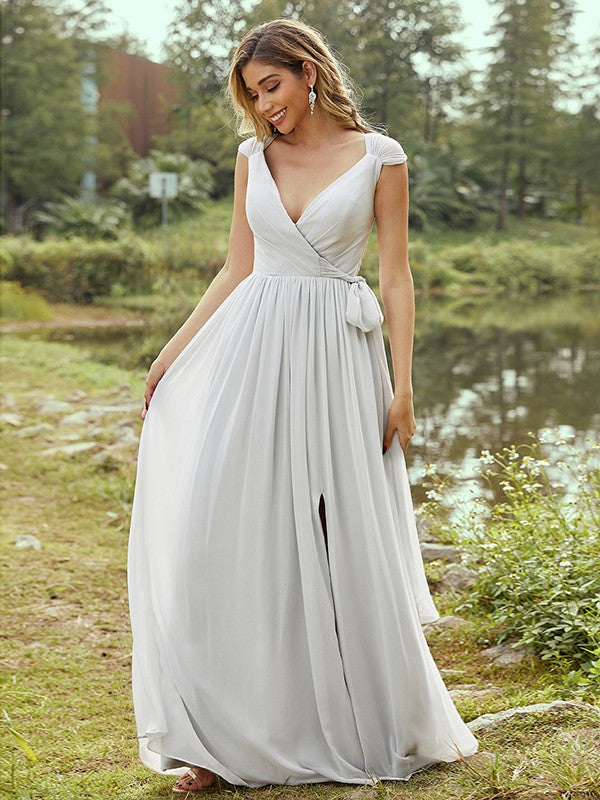 A-Line/Princess Chiffon Ruffles V-neck Sleeveless Floor-Length Bridesmaid Dresses Evening Prom Dress
