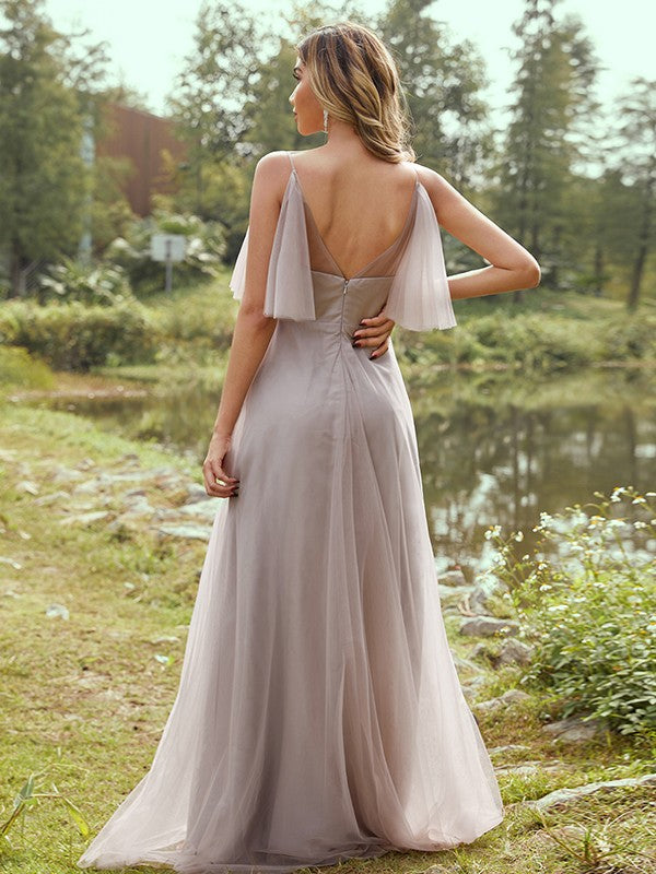 A-Line/Princess Tulle Ruffles V-neck Sleeveless Floor-Length Bridesmaid Dresses Evening Prom Dress