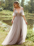 A-Line/Princess Tulle Ruffles V-neck Sleeveless Floor-Length Bridesmaid Dresses Evening Prom Dress