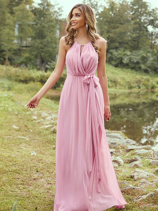 A-Line/Princess Chiffon Ruffles Halter Sleeveless Sweep/Brush Train Bridesmaid Dresses	Evening Prom Dress
