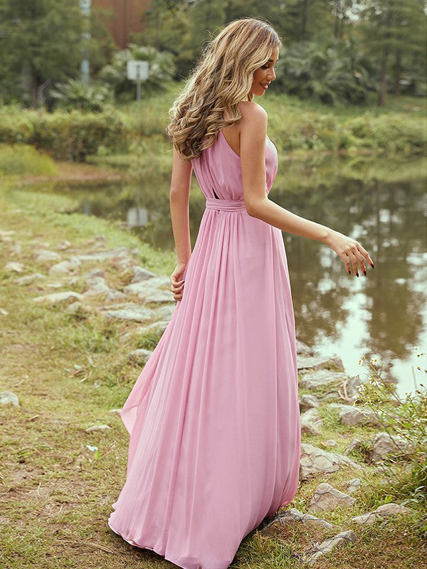 A-Line/Princess Chiffon Ruffles Halter Sleeveless Sweep/Brush Train Bridesmaid Dresses	Evening Prom Dress