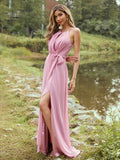 A-Line/Princess Chiffon Ruffles Halter Sleeveless Sweep/Brush Train Bridesmaid Dresses	Evening Prom Dress