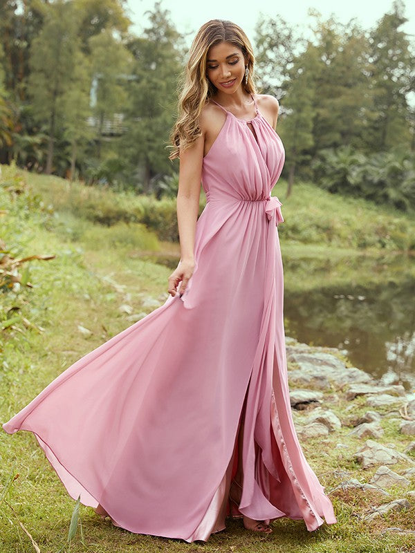 A-Line/Princess Chiffon Ruffles Halter Sleeveless Sweep/Brush Train Bridesmaid Dresses	Evening Prom Dress