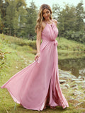 A-Line/Princess Chiffon Ruffles Halter Sleeveless Sweep/Brush Train Bridesmaid Dresses	Evening Prom Dress