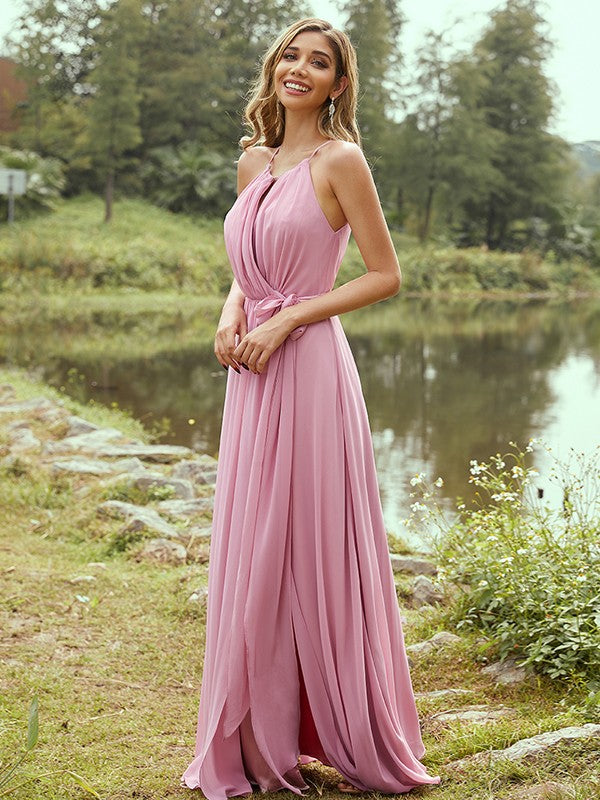A-Line/Princess Chiffon Ruffles Halter Sleeveless Sweep/Brush Train Bridesmaid Dresses	Evening Prom Dress