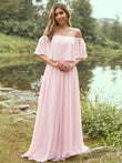 A-Line/Princess Chiffon Ruffles Off-the-Shoulder Short Sleeves Sweep/Brush Train Bridesmaid Dresses Evening Dress