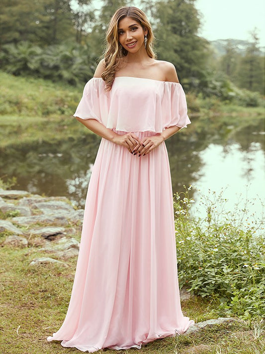 A-Line/Princess Chiffon Ruffles Off-the-Shoulder Short Sleeves Sweep/Brush Train Bridesmaid Dresses Evening Dress
