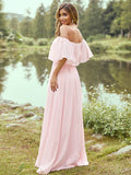 A-Line/Princess Chiffon Ruffles Off-the-Shoulder Short Sleeves Sweep/Brush Train Bridesmaid Dresses Evening Dress