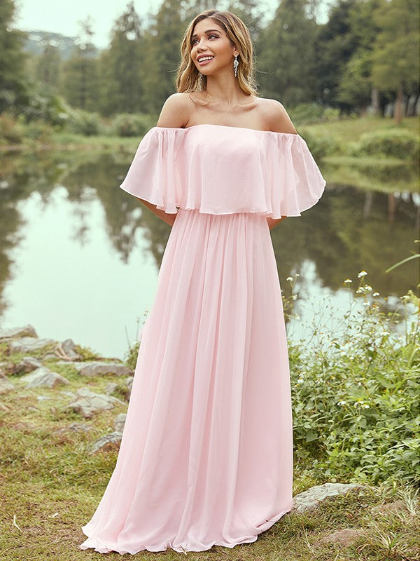 A-Line/Princess Chiffon Ruffles Off-the-Shoulder Short Sleeves Sweep/Brush Train Bridesmaid Dresses Evening Dress
