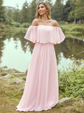 A-Line/Princess Chiffon Ruffles Off-the-Shoulder Short Sleeves Sweep/Brush Train Bridesmaid Dresses Evening Dress