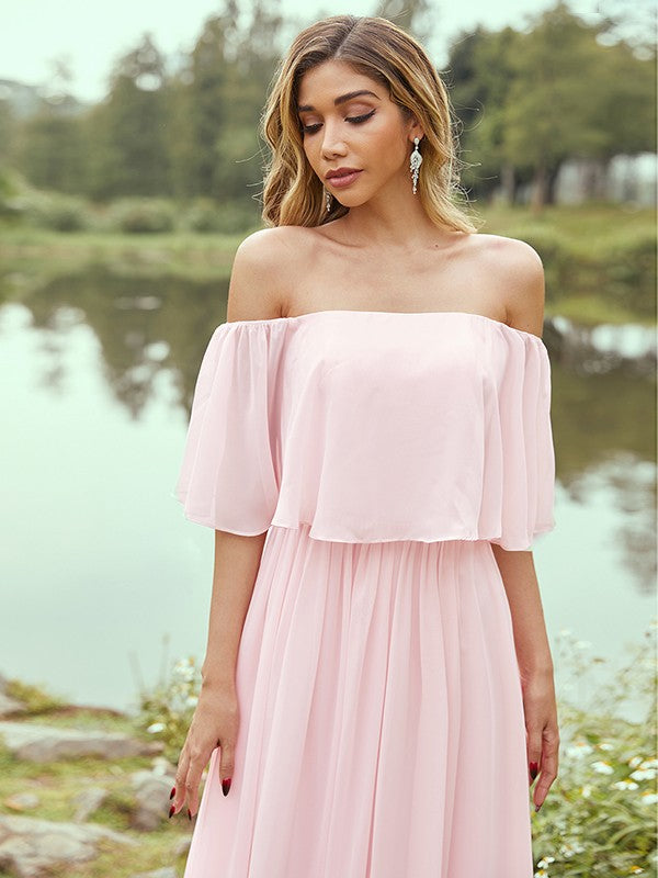 A-Line/Princess Chiffon Ruffles Off-the-Shoulder Short Sleeves Sweep/Brush Train Bridesmaid Dresses Evening Dress