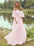 A-Line/Princess Chiffon Ruffles Off-the-Shoulder Short Sleeves Sweep/Brush Train Bridesmaid Dresses Evening Dress