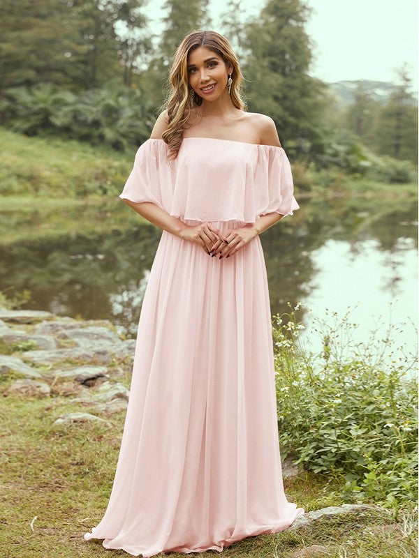 A-Line/Princess Chiffon Ruffles Off-the-Shoulder Short Sleeves Sweep/Brush Train Bridesmaid Dresses Evening Dress