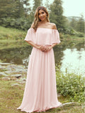 A-Line/Princess Chiffon Ruffles Off-the-Shoulder Short Sleeves Sweep/Brush Train Bridesmaid Dresses Evening Dress