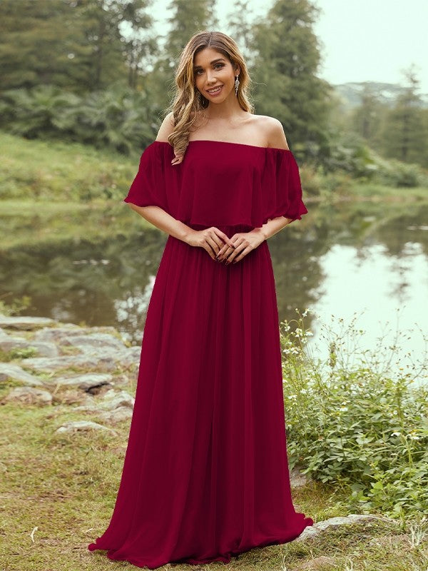 A-Line/Princess Chiffon Ruffles Off-the-Shoulder Short Sleeves Sweep/Brush Train Bridesmaid Dresses Evening Dress