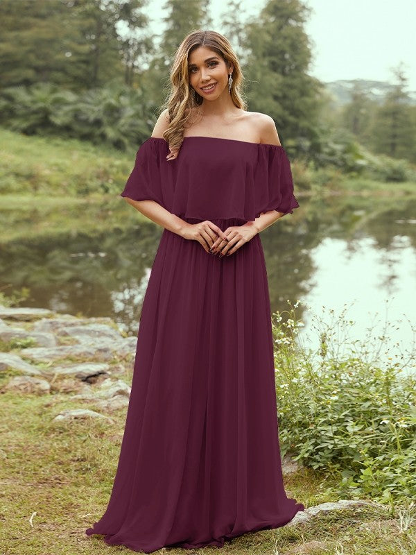 A-Line/Princess Chiffon Ruffles Off-the-Shoulder Short Sleeves Sweep/Brush Train Bridesmaid Dresses Evening Dress