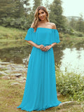 A-Line/Princess Chiffon Ruffles Off-the-Shoulder Short Sleeves Sweep/Brush Train Bridesmaid Dresses Evening Dress