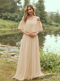 A-Line/Princess Chiffon Ruffles Off-the-Shoulder Short Sleeves Sweep/Brush Train Bridesmaid Dresses Evening Dress