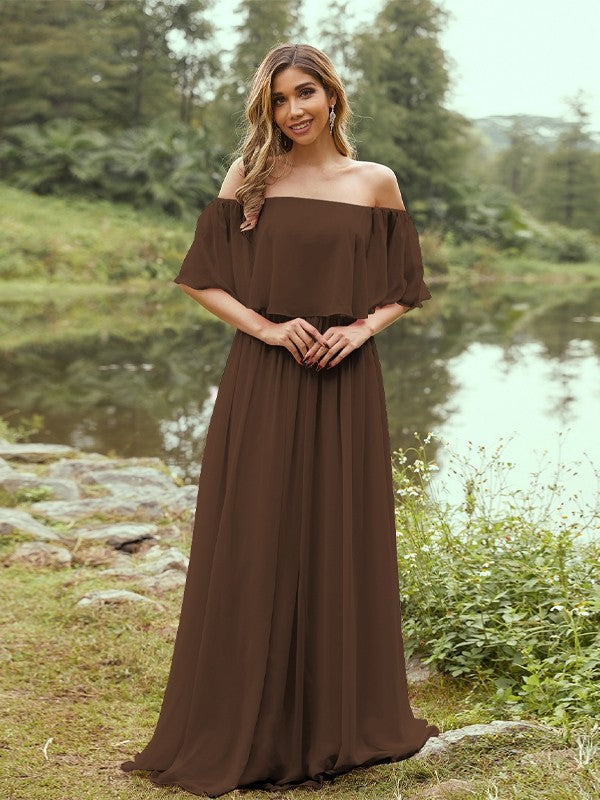 A-Line/Princess Chiffon Ruffles Off-the-Shoulder Short Sleeves Sweep/Brush Train Bridesmaid Dresses Evening Dress