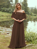 A-Line/Princess Chiffon Ruffles Off-the-Shoulder Short Sleeves Sweep/Brush Train Bridesmaid Dresses Evening Dress