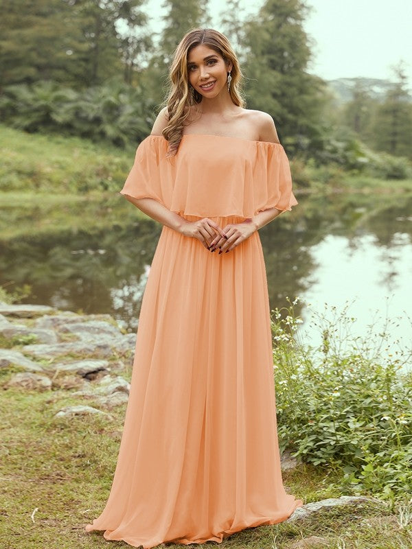 A-Line/Princess Chiffon Ruffles Off-the-Shoulder Short Sleeves Sweep/Brush Train Bridesmaid Dresses Evening Dress
