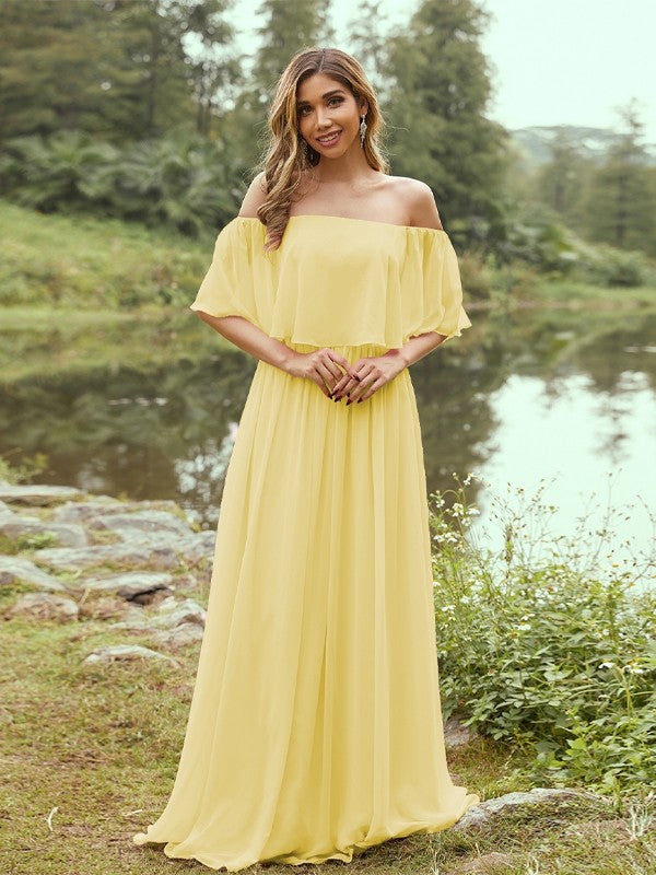 A-Line/Princess Chiffon Ruffles Off-the-Shoulder Short Sleeves Sweep/Brush Train Bridesmaid Dresses Evening Dress