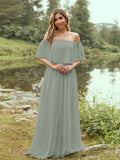 A-Line/Princess Chiffon Ruffles Off-the-Shoulder Short Sleeves Sweep/Brush Train Bridesmaid Dresses Evening Dress