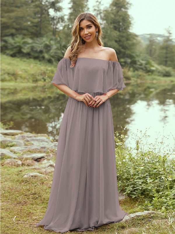 A-Line/Princess Chiffon Ruffles Off-the-Shoulder Short Sleeves Sweep/Brush Train Bridesmaid Dresses Evening Dress