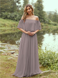 A-Line/Princess Chiffon Ruffles Off-the-Shoulder Short Sleeves Sweep/Brush Train Bridesmaid Dresses Evening Dress