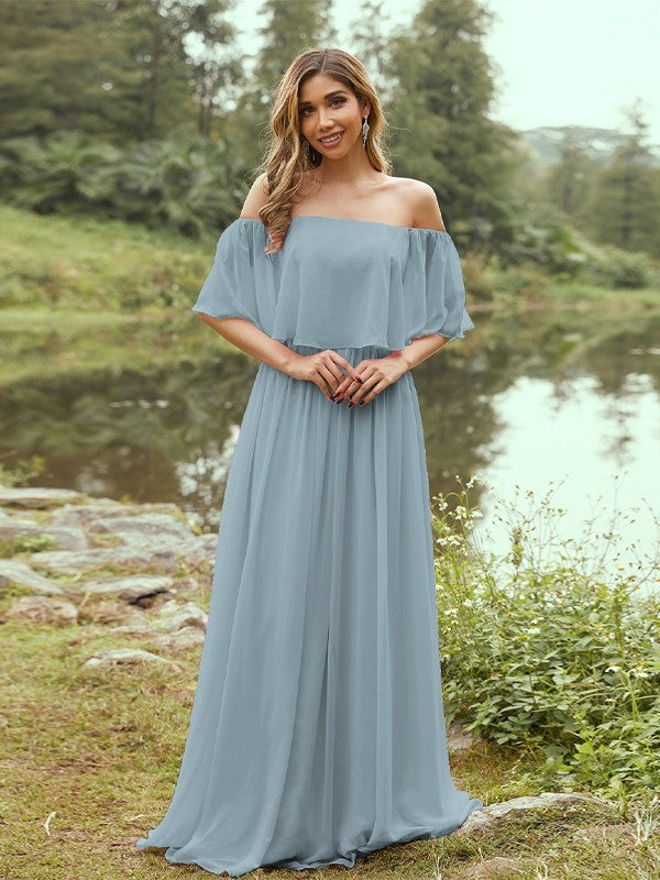 A-Line/Princess Chiffon Ruffles Off-the-Shoulder Short Sleeves Sweep/Brush Train Bridesmaid Dresses Evening Dress