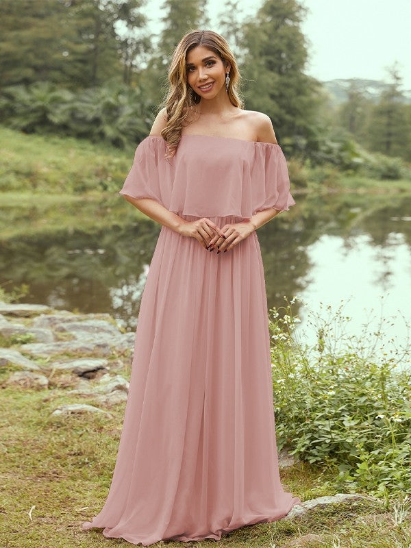 A-Line/Princess Chiffon Ruffles Off-the-Shoulder Short Sleeves Sweep/Brush Train Bridesmaid Dresses Evening Dress