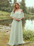 A-Line/Princess Chiffon Ruffles Off-the-Shoulder Short Sleeves Sweep/Brush Train Bridesmaid Dresses Evening Dress