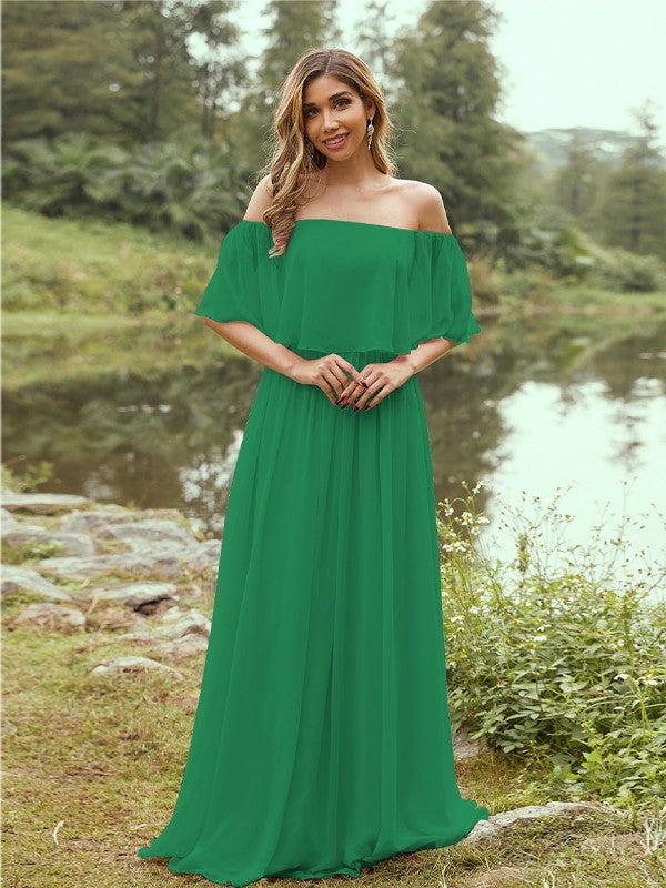 A-Line/Princess Chiffon Ruffles Off-the-Shoulder Short Sleeves Sweep/Brush Train Bridesmaid Dresses Evening Dress