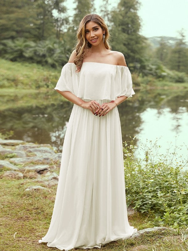 A-Line/Princess Chiffon Ruffles Off-the-Shoulder Short Sleeves Sweep/Brush Train Bridesmaid Dresses Evening Dress