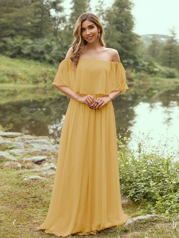 A-Line/Princess Chiffon Ruffles Off-the-Shoulder Short Sleeves Sweep/Brush Train Bridesmaid Dresses Evening Dress