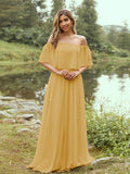 A-Line/Princess Chiffon Ruffles Off-the-Shoulder Short Sleeves Sweep/Brush Train Bridesmaid Dresses Evening Dress