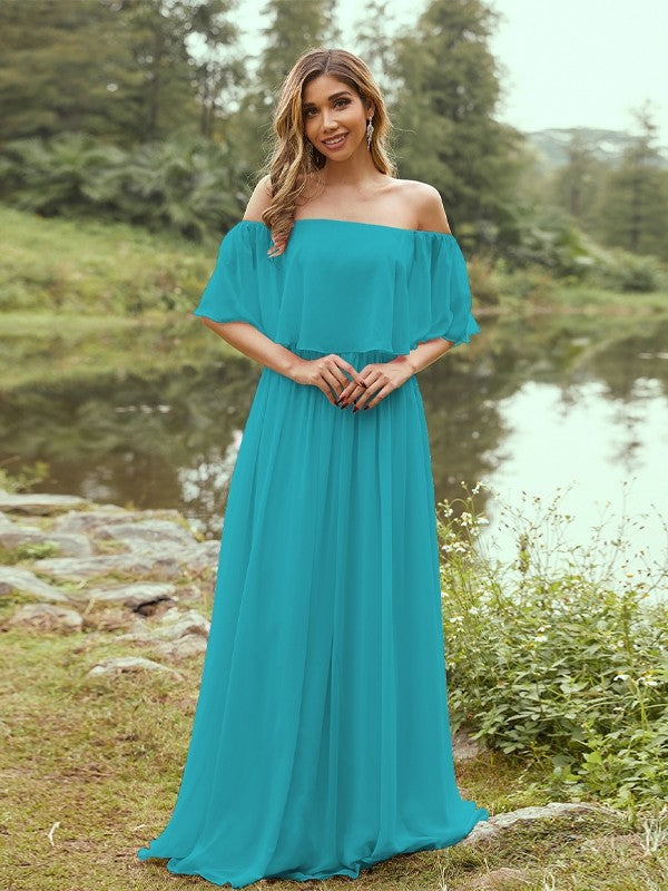 A-Line/Princess Chiffon Ruffles Off-the-Shoulder Short Sleeves Sweep/Brush Train Bridesmaid Dresses Evening Dress