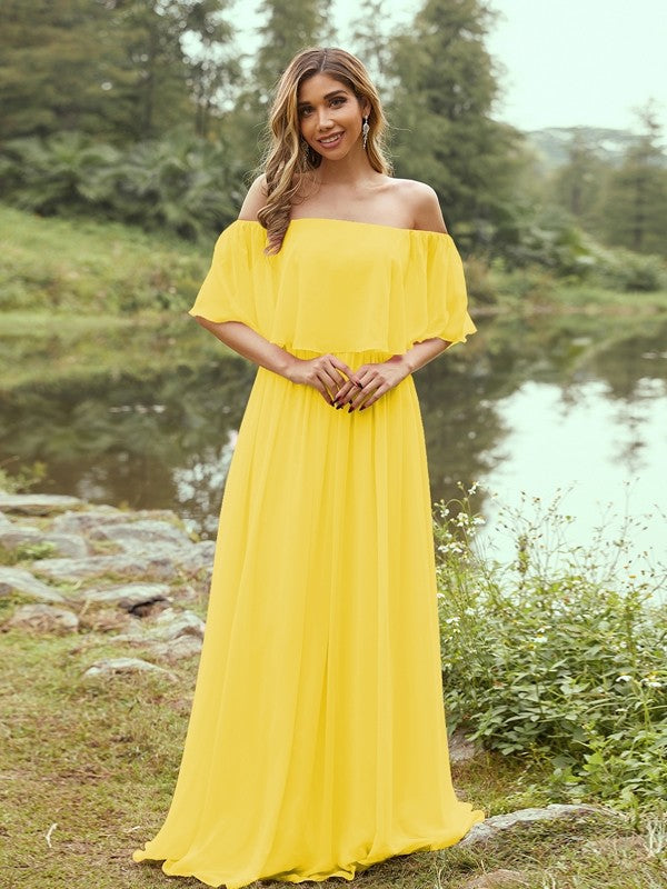 A-Line/Princess Chiffon Ruffles Off-the-Shoulder Short Sleeves Sweep/Brush Train Bridesmaid Dresses Evening Dress