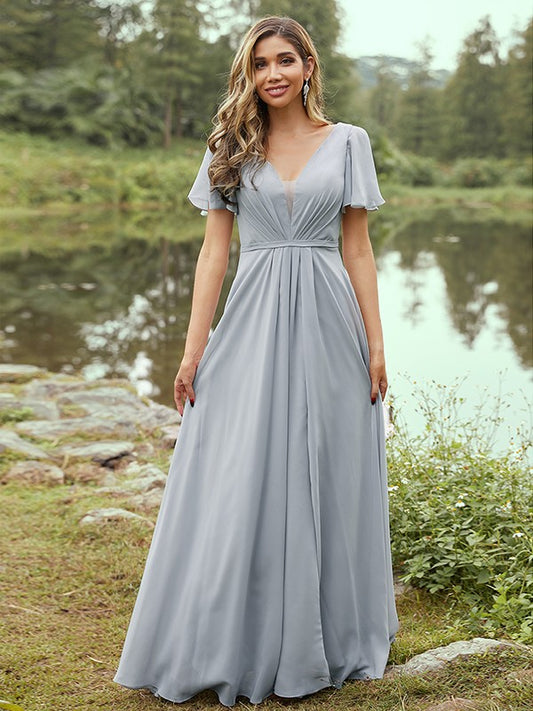 A-Line/Princess Chiffon Ruffles V-neck Short Sleeves Floor-Length Bridesmaid Dresses Evening Prom Dress