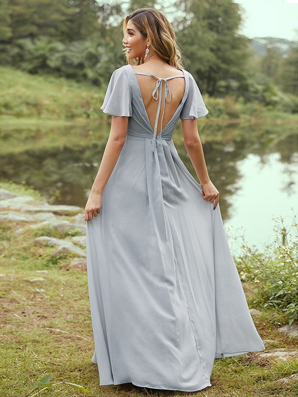 A-Line/Princess Chiffon Ruffles V-neck Short Sleeves Floor-Length Bridesmaid Dresses Evening Prom Dress